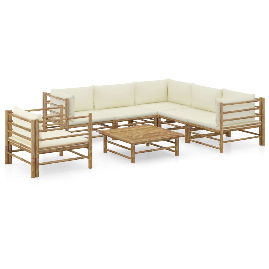 7-tlg. Garten-Lounge-Set mit Cremeweißen Kissen Bambus