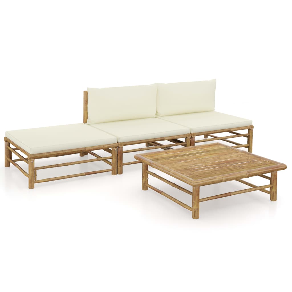 4-tlg. Garten-Lounge-Set mit Cremeweißen Kissen Bambus
