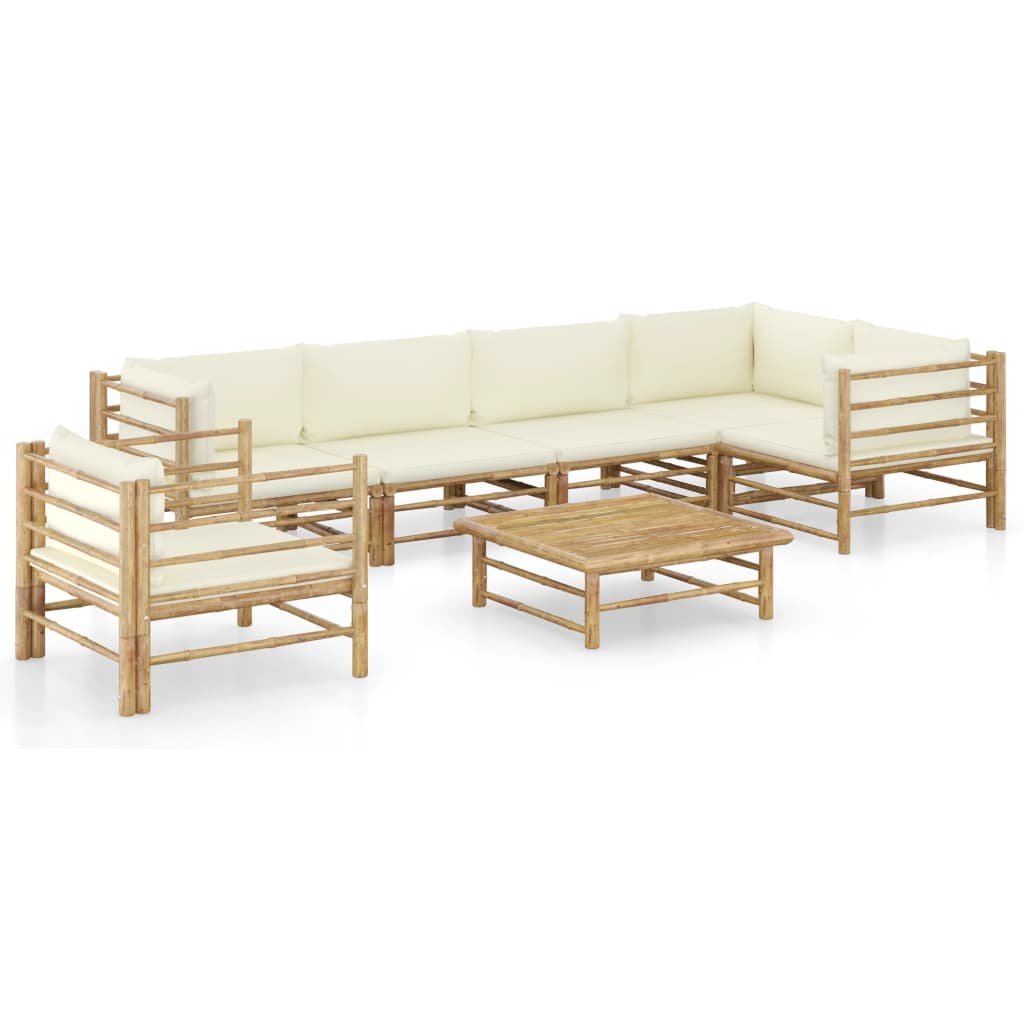 7-tlg. Garten-Lounge-Set mit Cremeweißen Kissen Bambus