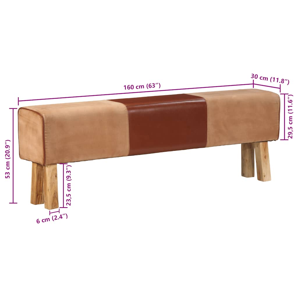 Bank Turnbock-Design 160cm Braun Echtleder Massivholz Akazie