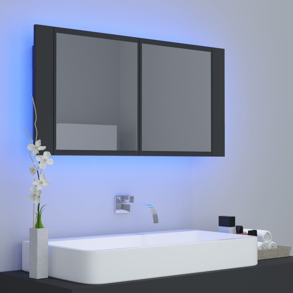 LED-Bad-Spiegelschrank Grau 90x12x45 cm Acryl