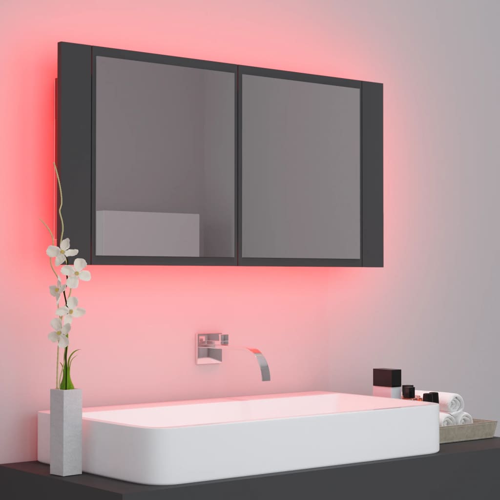 LED-Bad-Spiegelschrank Grau 90x12x45 cm Acryl