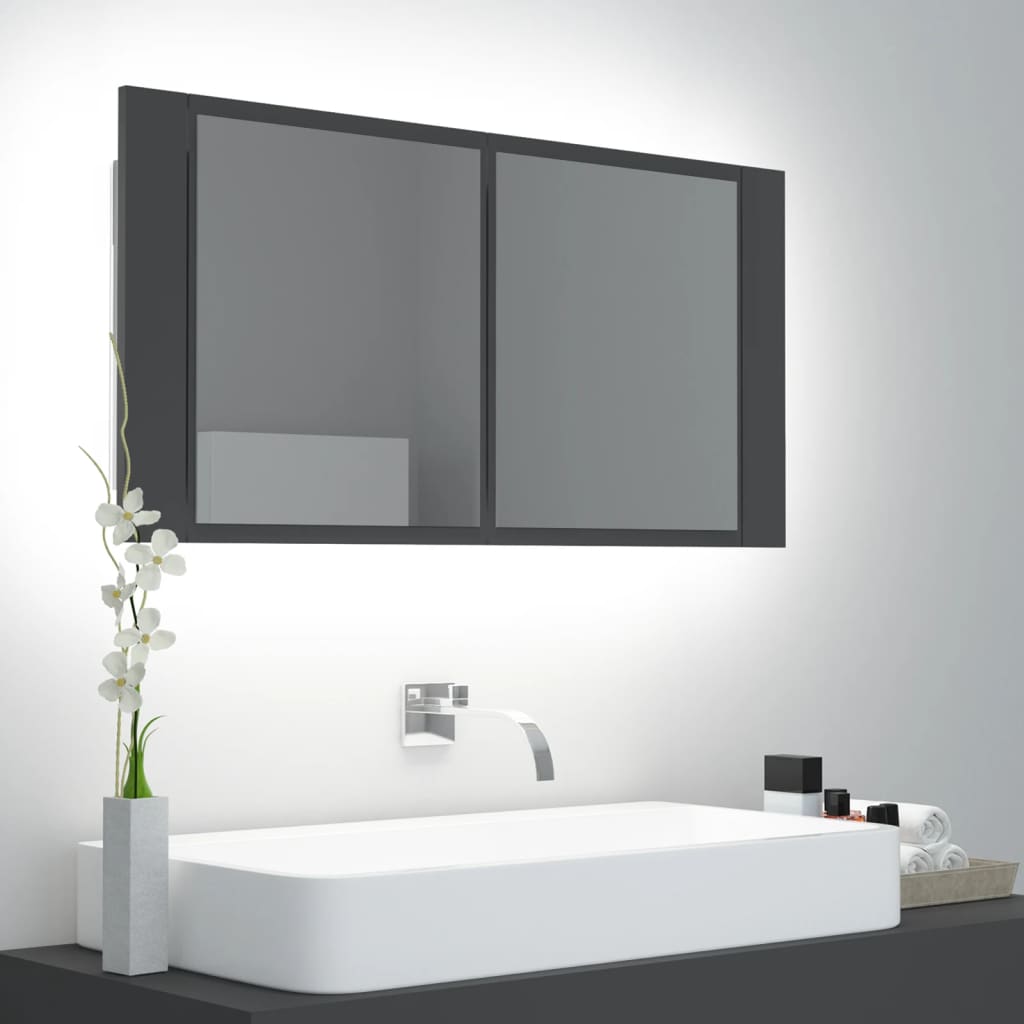 LED-Bad-Spiegelschrank Grau 90x12x45 cm Acryl