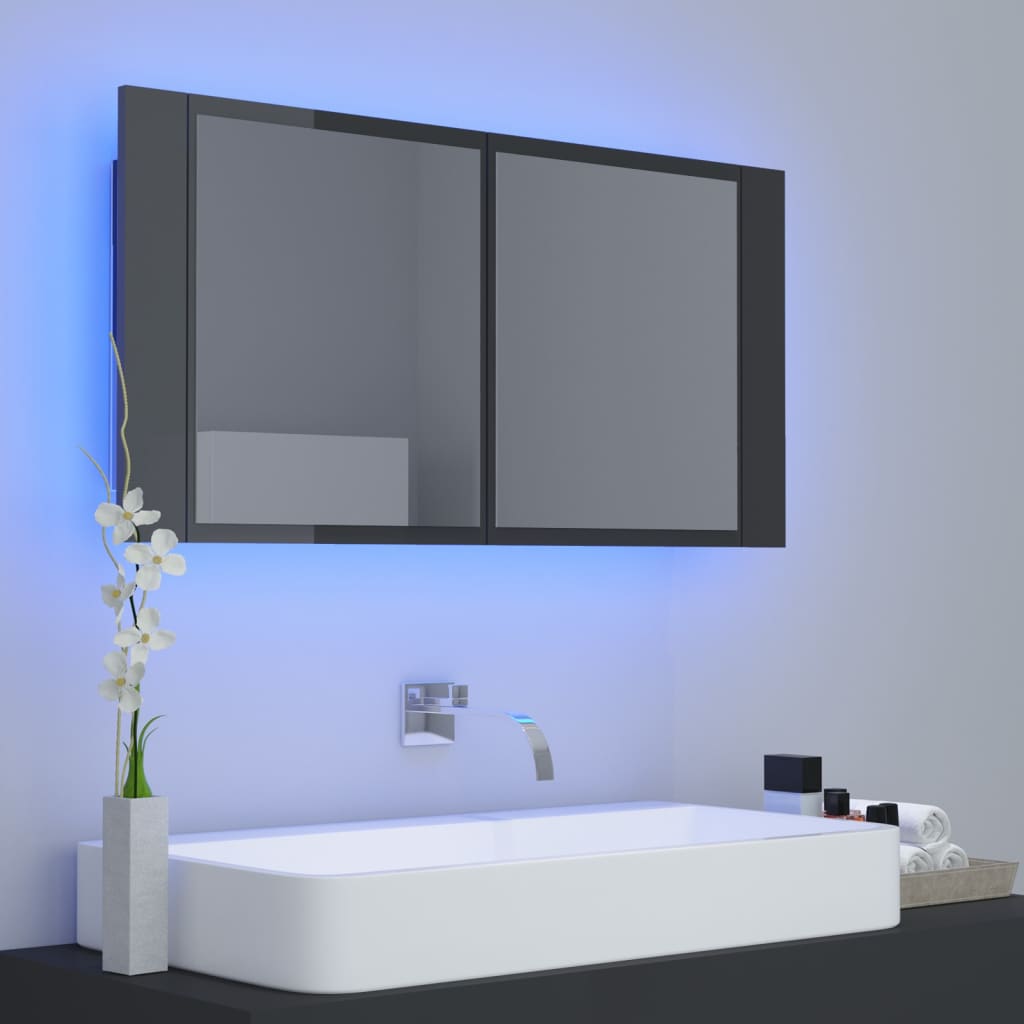 LED-Bad-Spiegelschrank Hochglanz-Grau 90x12x45 cm Acryl