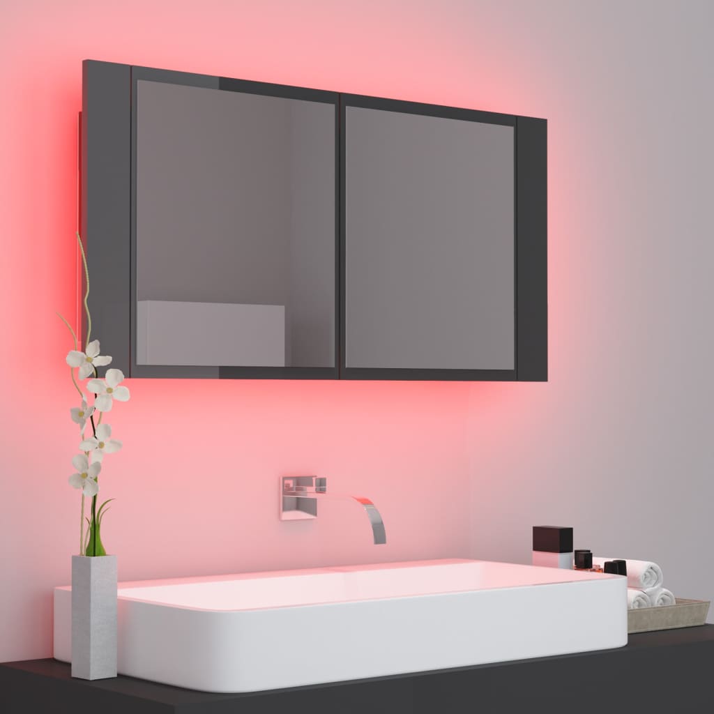 LED-Bad-Spiegelschrank Hochglanz-Grau 90x12x45 cm Acryl