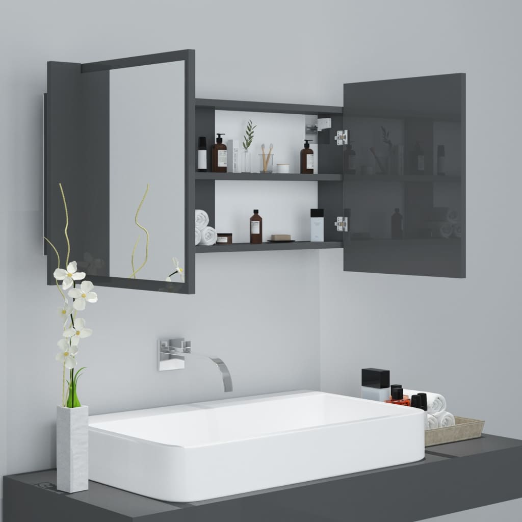 LED-Bad-Spiegelschrank Hochglanz-Grau 90x12x45 cm Acryl