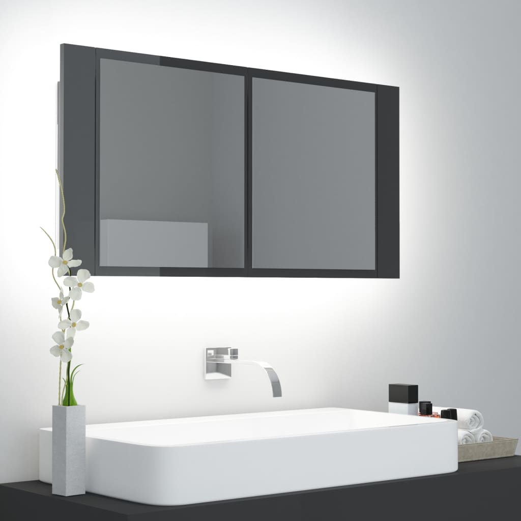 LED-Bad-Spiegelschrank Hochglanz-Grau 90x12x45 cm Acryl