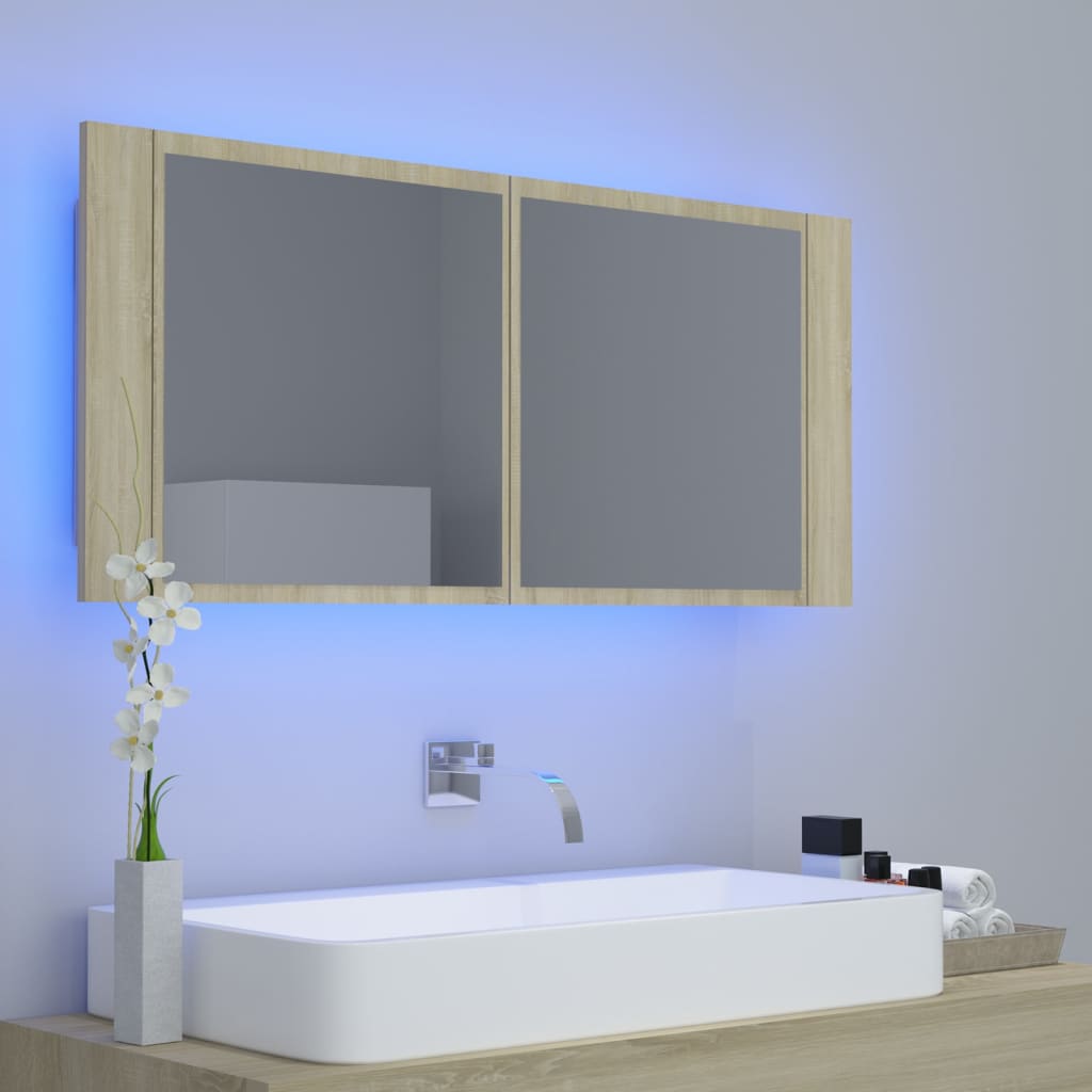 LED-Bad-Spiegelschrank Sonoma-Eiche 100x12x45 cm Acryl