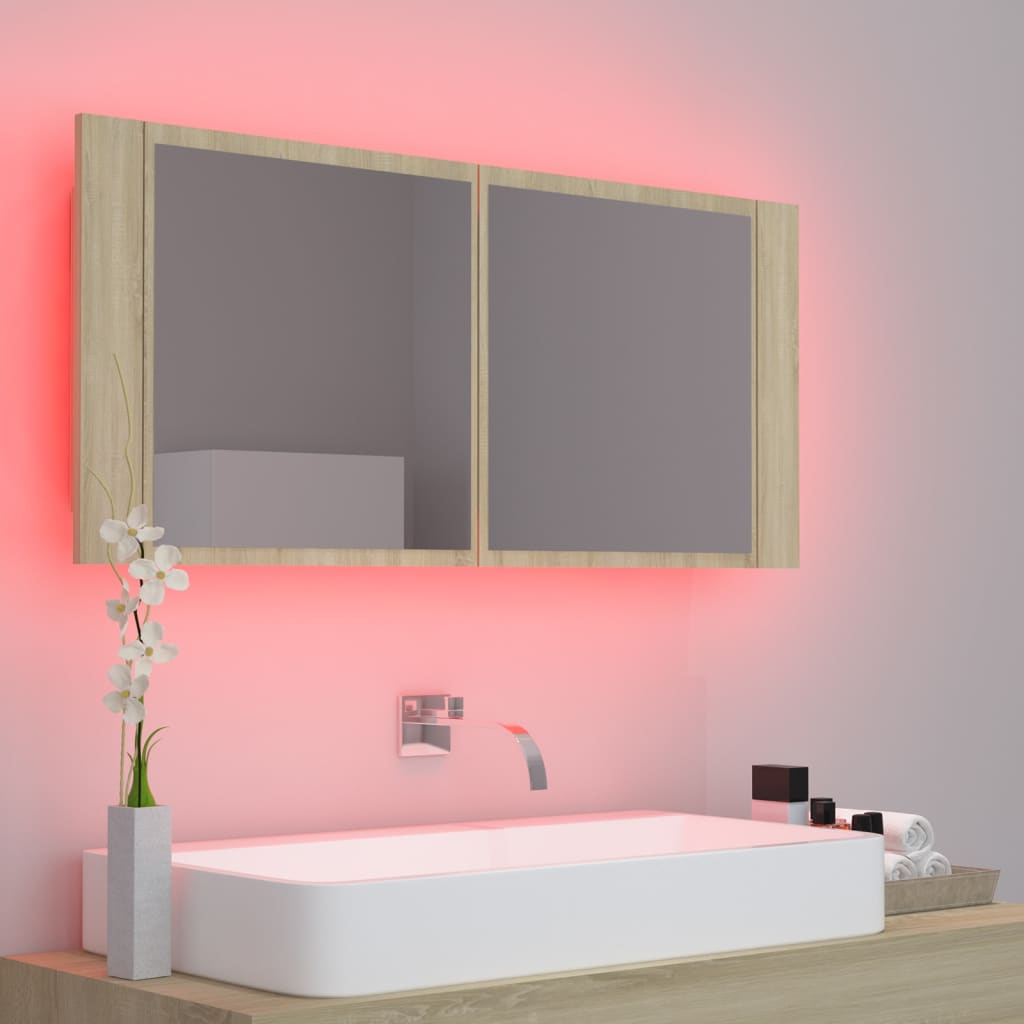 LED-Bad-Spiegelschrank Sonoma-Eiche 100x12x45 cm Acryl