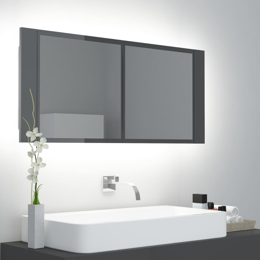 LED-Bad-Spiegelschrank Hochglanz-Grau 100x12x45 cm Acryl