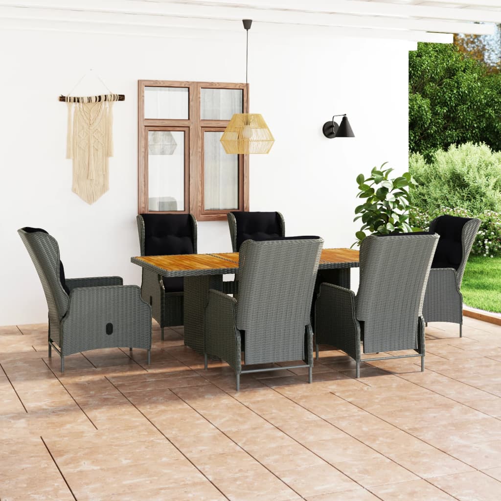 7-tlg. Garten-Essgruppe mit Auflagen Poly Rattan Hellgrau