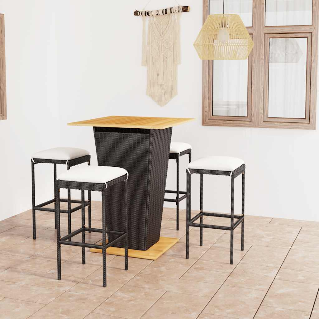 5-tlg. Gartenbar-Set mit Kissen Poly Rattan Schwarz