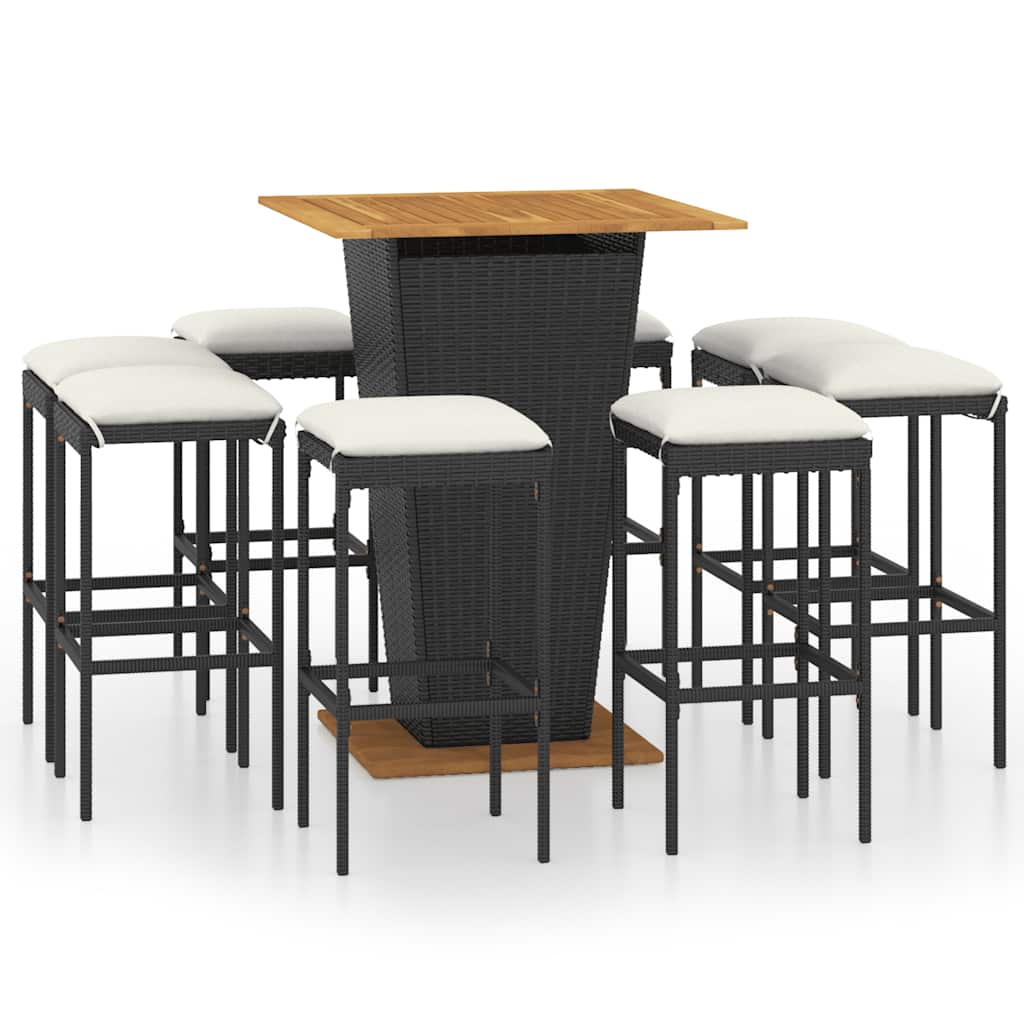 9-tlg. Gartenbar-Set mit Kissen Poly Rattan Schwarz
