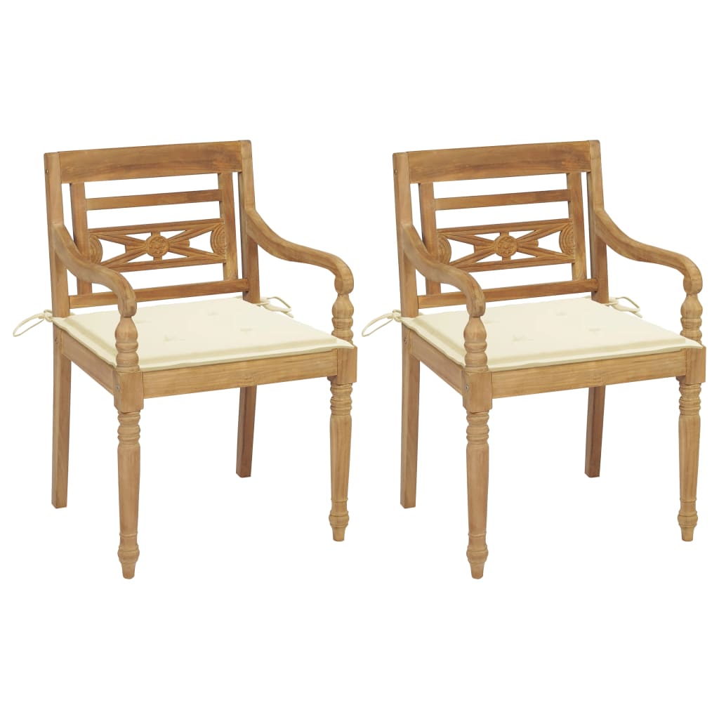 Batavia-Stühle 2 Stk. mit Creme Kissen Teak Massivholz