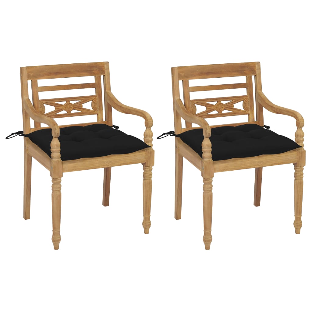 Batavia-Stühle 2 Stk. mit Schwarzen Kissen Teak Massivholz
