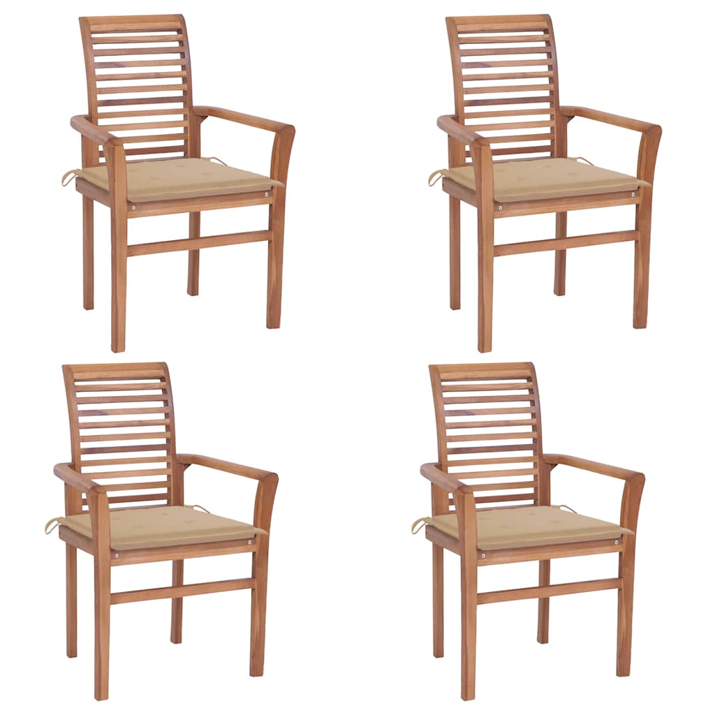 Essstühle 4 Stk. mit Beige Kissen Massivholz Teak