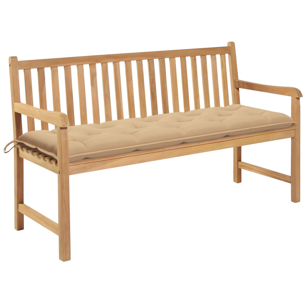 Gartenbank mit Beige Auflage 150 cm Massivholz Teak