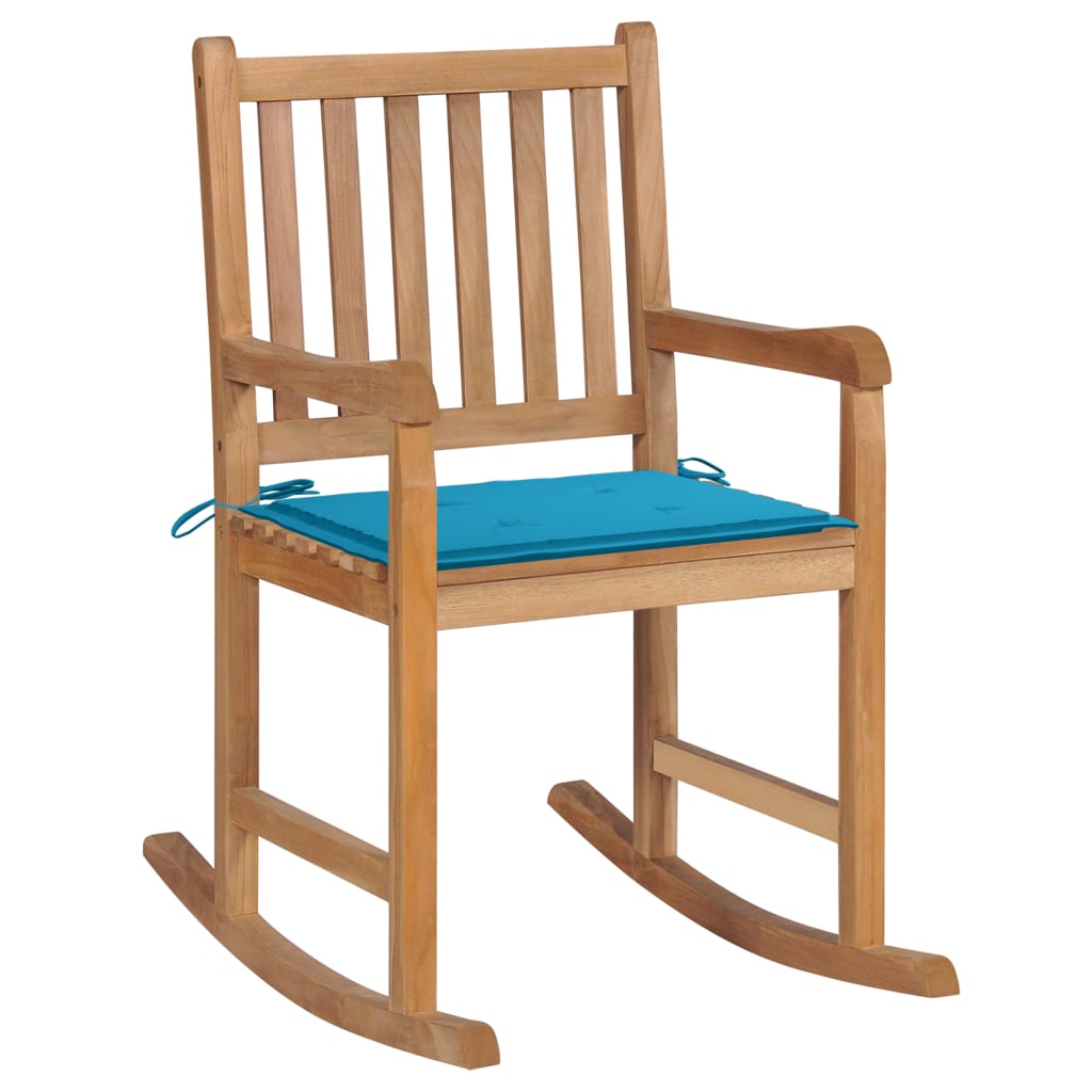 Schaukelstuhl mit Blauem Kissen Massivholz Teak