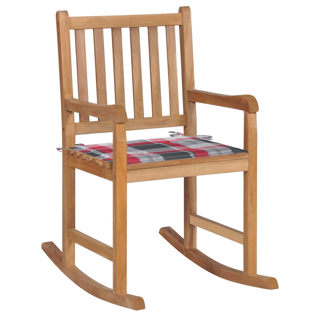 Schaukelstuhl mit Rotem Karomuster-Kissen Massivholz Teak