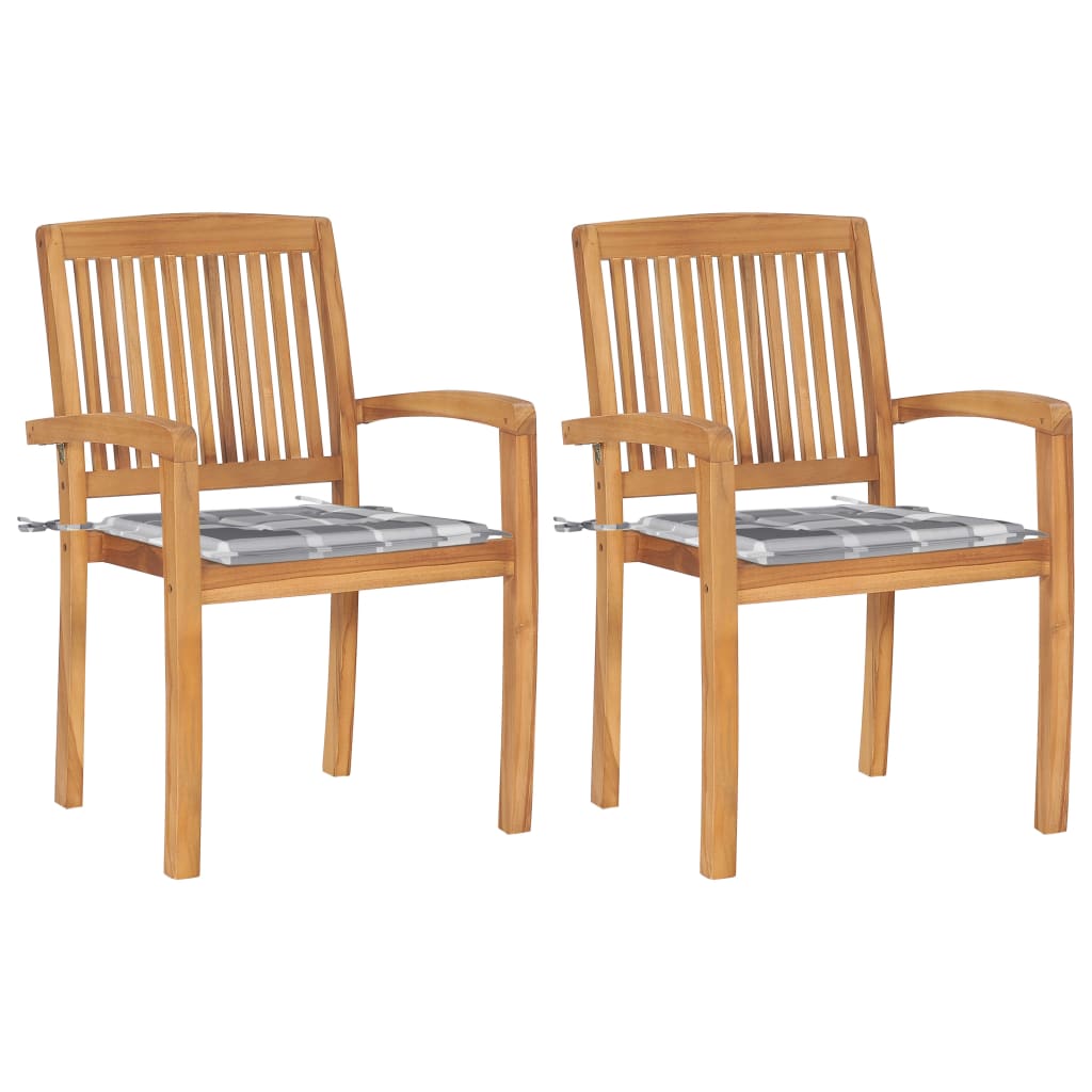Gartenstühle 2 Stk. Graue Karomuster Kissen Massivholz Teak