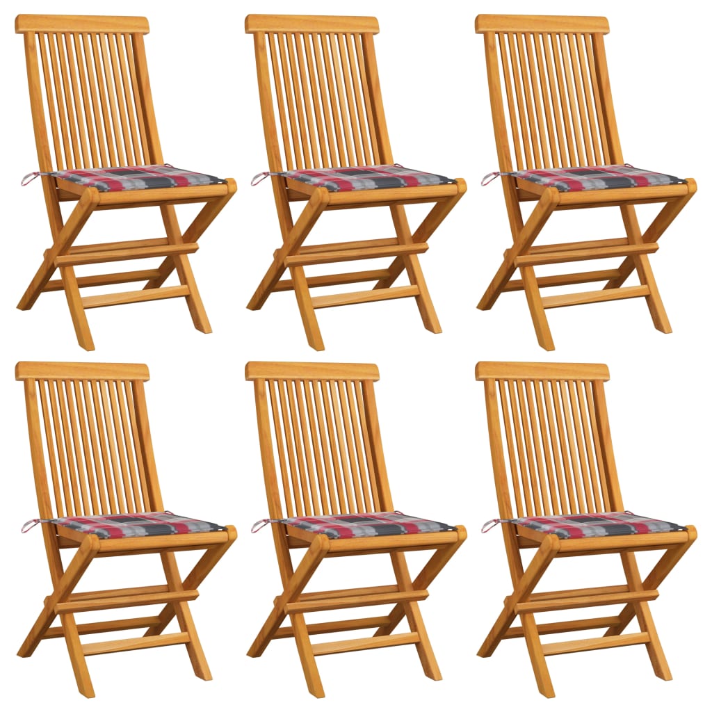 Gartenstühle mit Kissen 6 Stk. Rot Karomuster Massivholz Teak