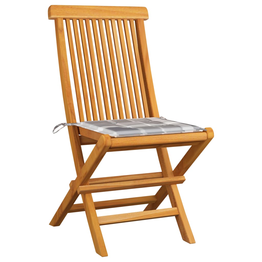 Gartenstühle mit Kissen 6 Stk. Grau Karomuster Massivholz Teak