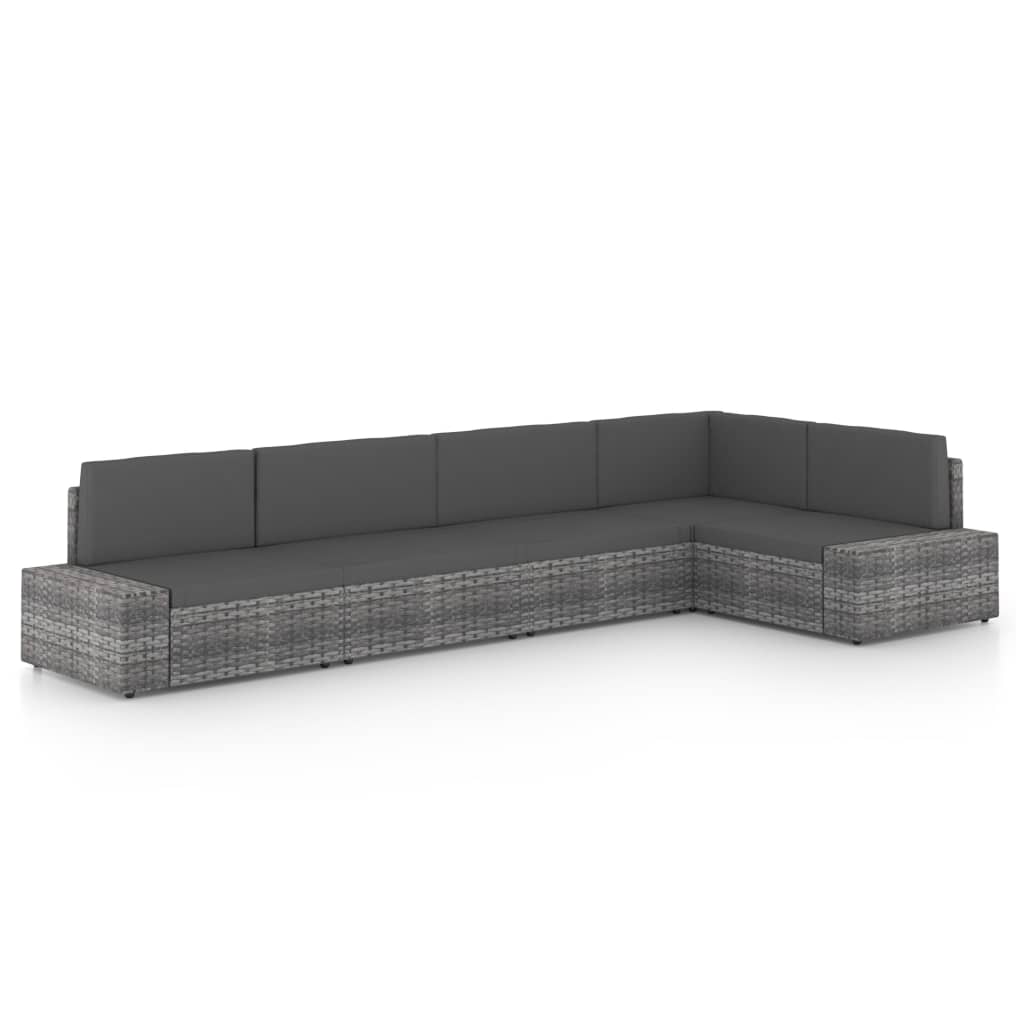 5-tlg. Garten-Lounge-Set mit Kissen Grau Poly Rattan