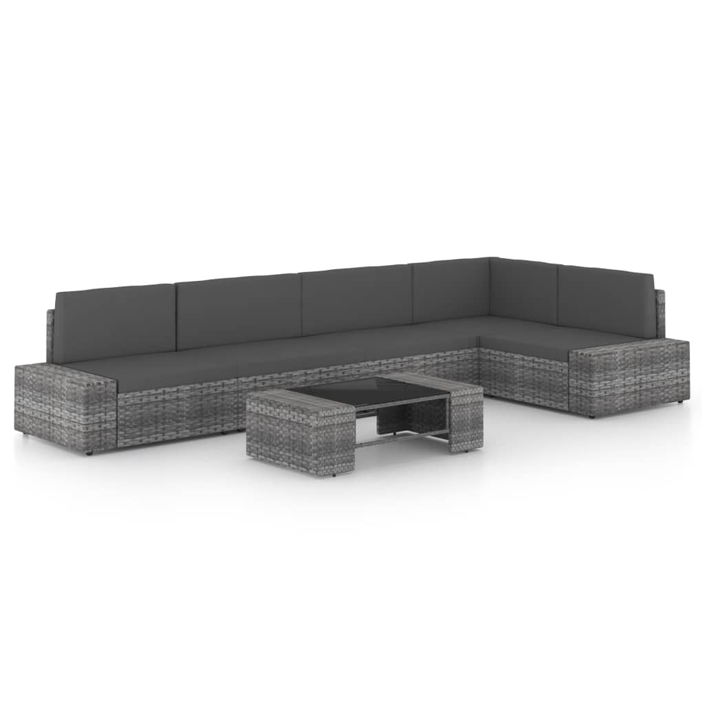 6-tlg. Garten-Lounge-Set mit Kissen Grau Poly Rattan