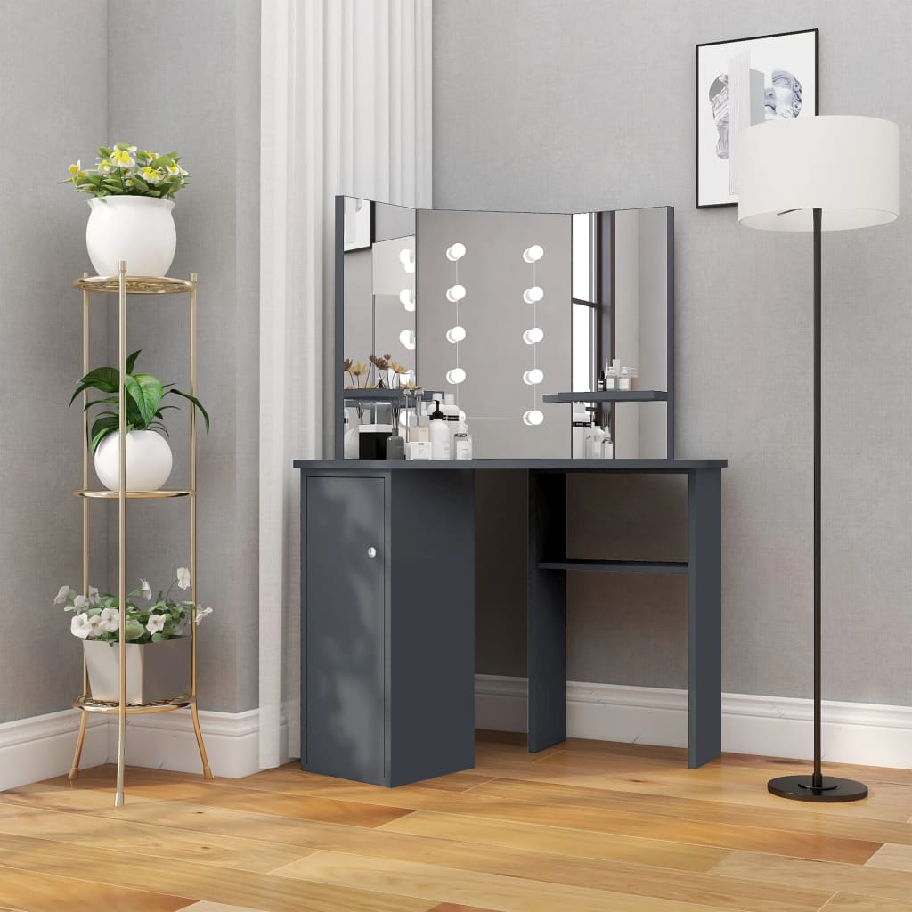 Eck-Schminktisch mit LED Grau 111x54x141,5 cm