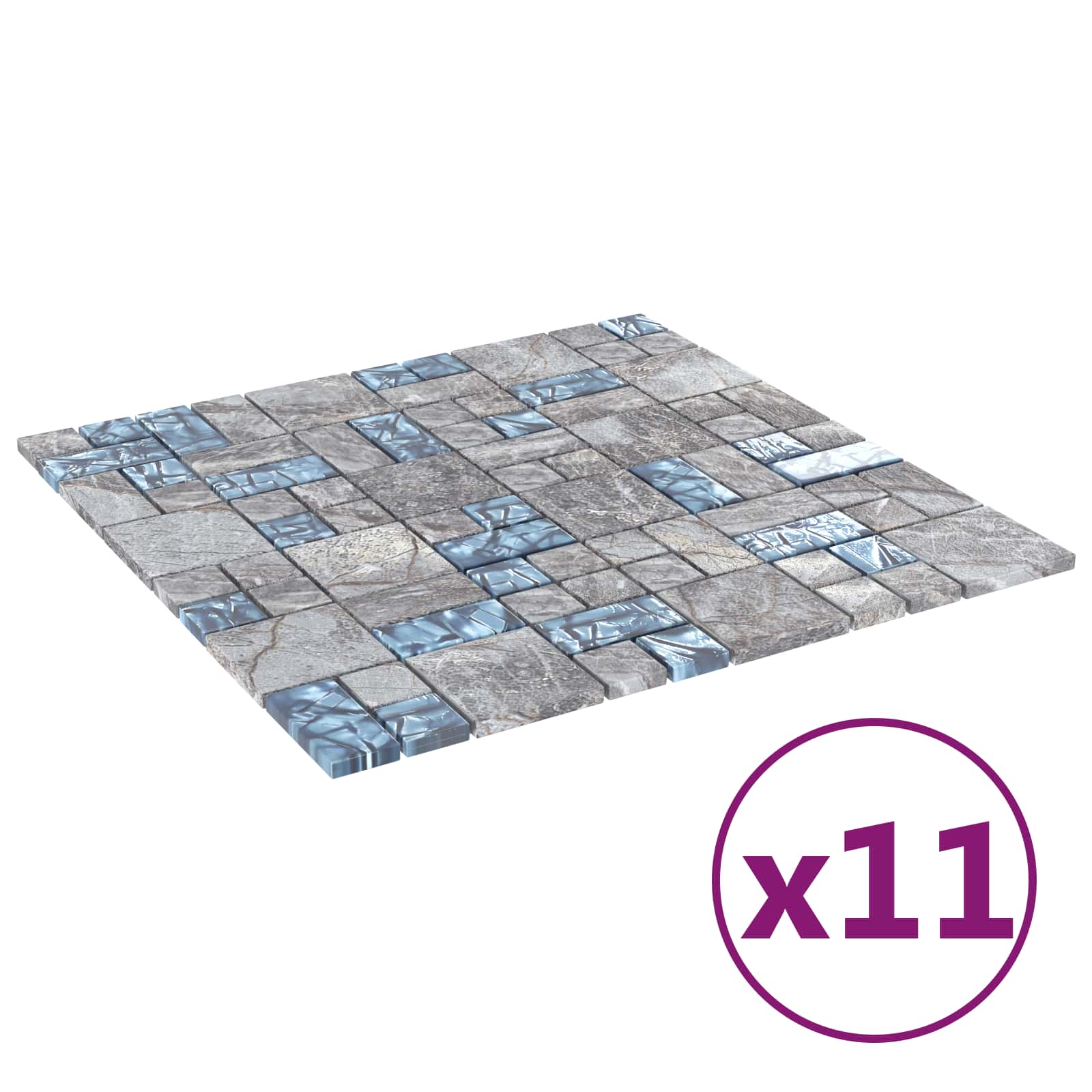Mosaikfliese 11 pcs Grau und Blau 50 x 50 cm Glas