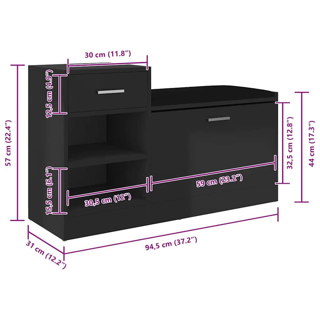 Schuhbank Hochglanz-Schwarz 94,5x31x57 cm Holzwerkstoff