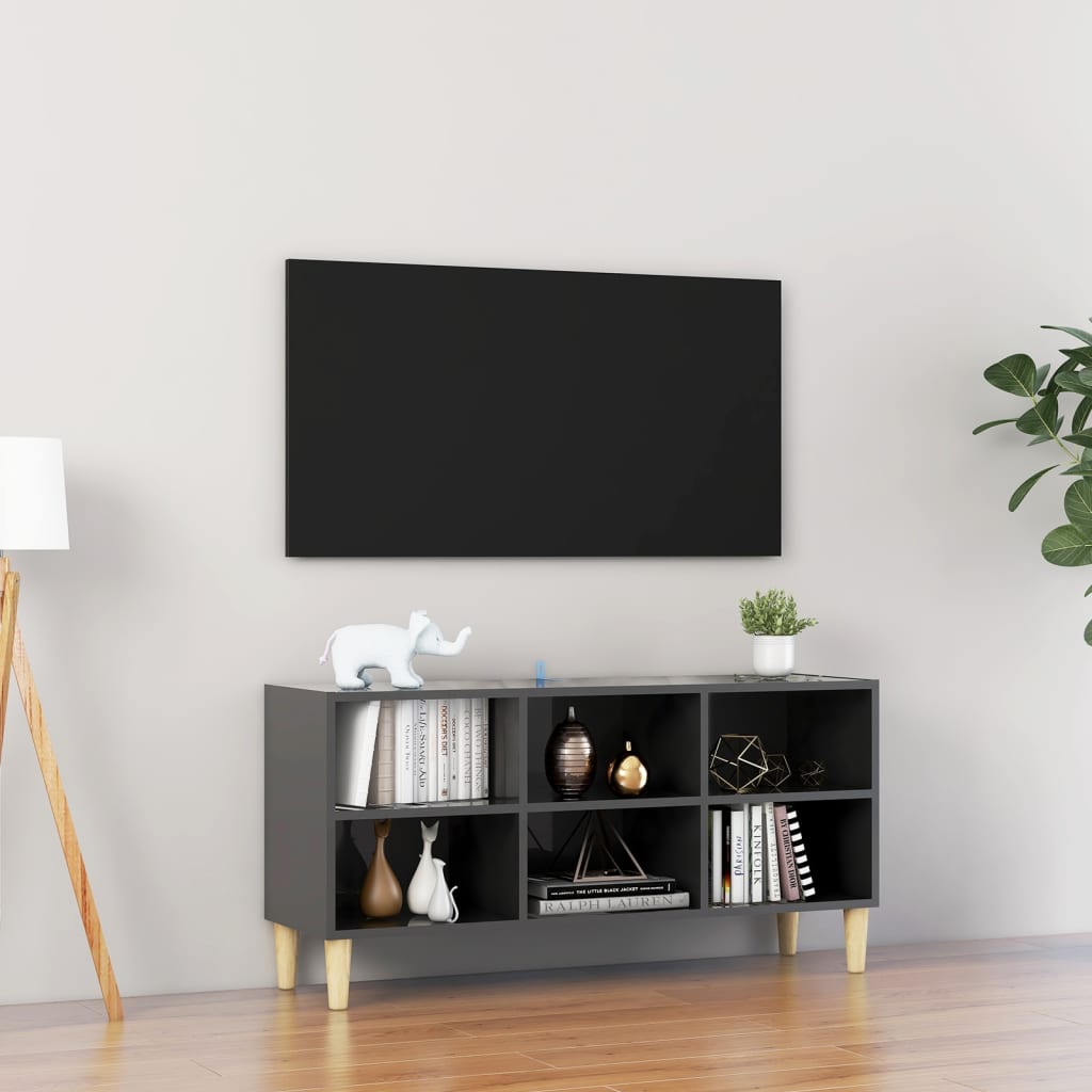 TV-Schrank mit Massivholz-Beinen Hochglanz-Grau 103,5x30x50 cm