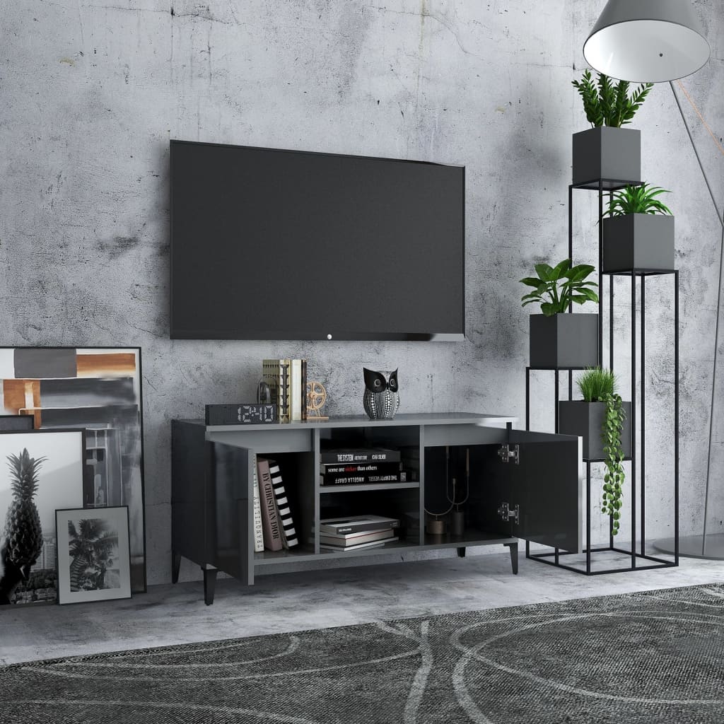 TV-Schrank mit Metallbeinen Hochglanz-Grau 103,5x35x50 cm