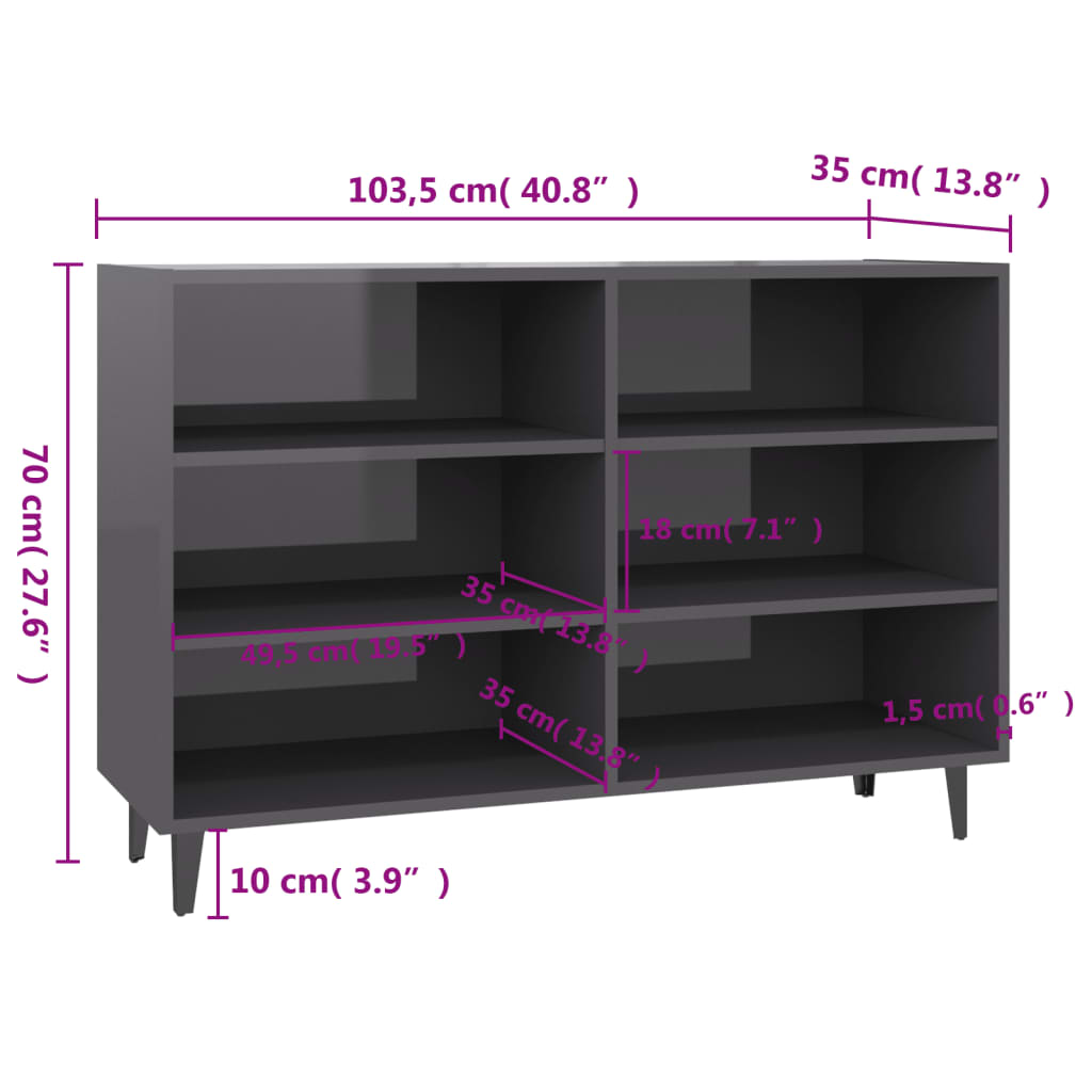 Sideboard Hochglanz-Grau 103,5x35x70 cm Holzwerkstoff