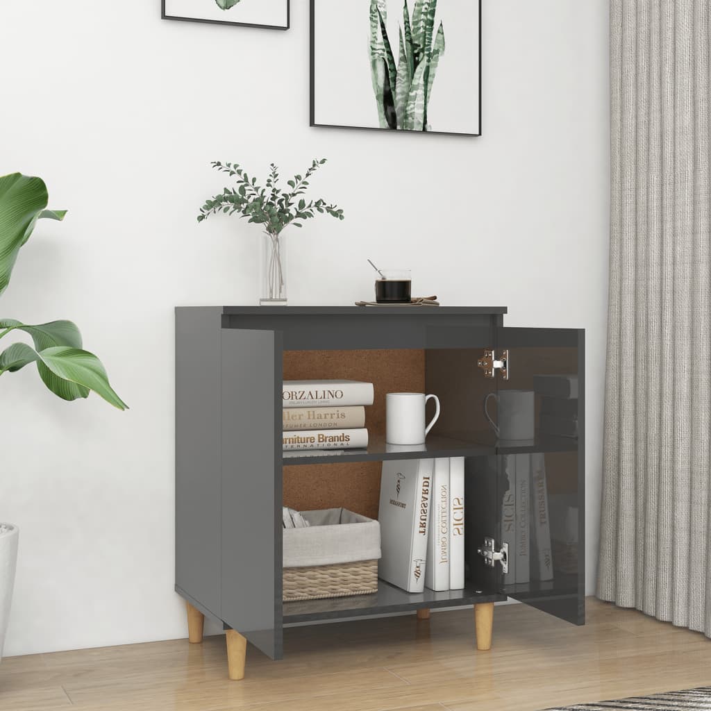 Sideboard mit Massivholz-Beinen Hochglanz-Grau 60x35x70 cm