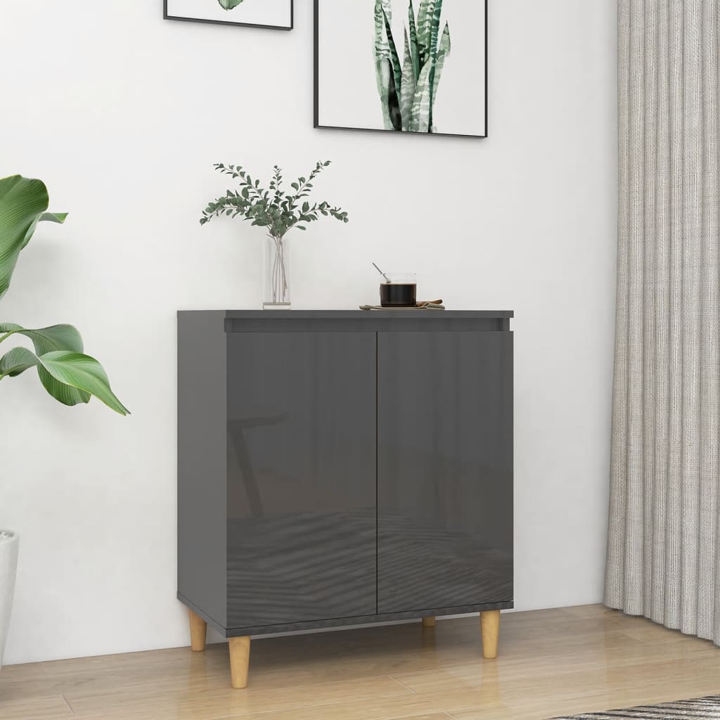 Sideboard mit Massivholz-Beinen Hochglanz-Grau 60x35x70 cm