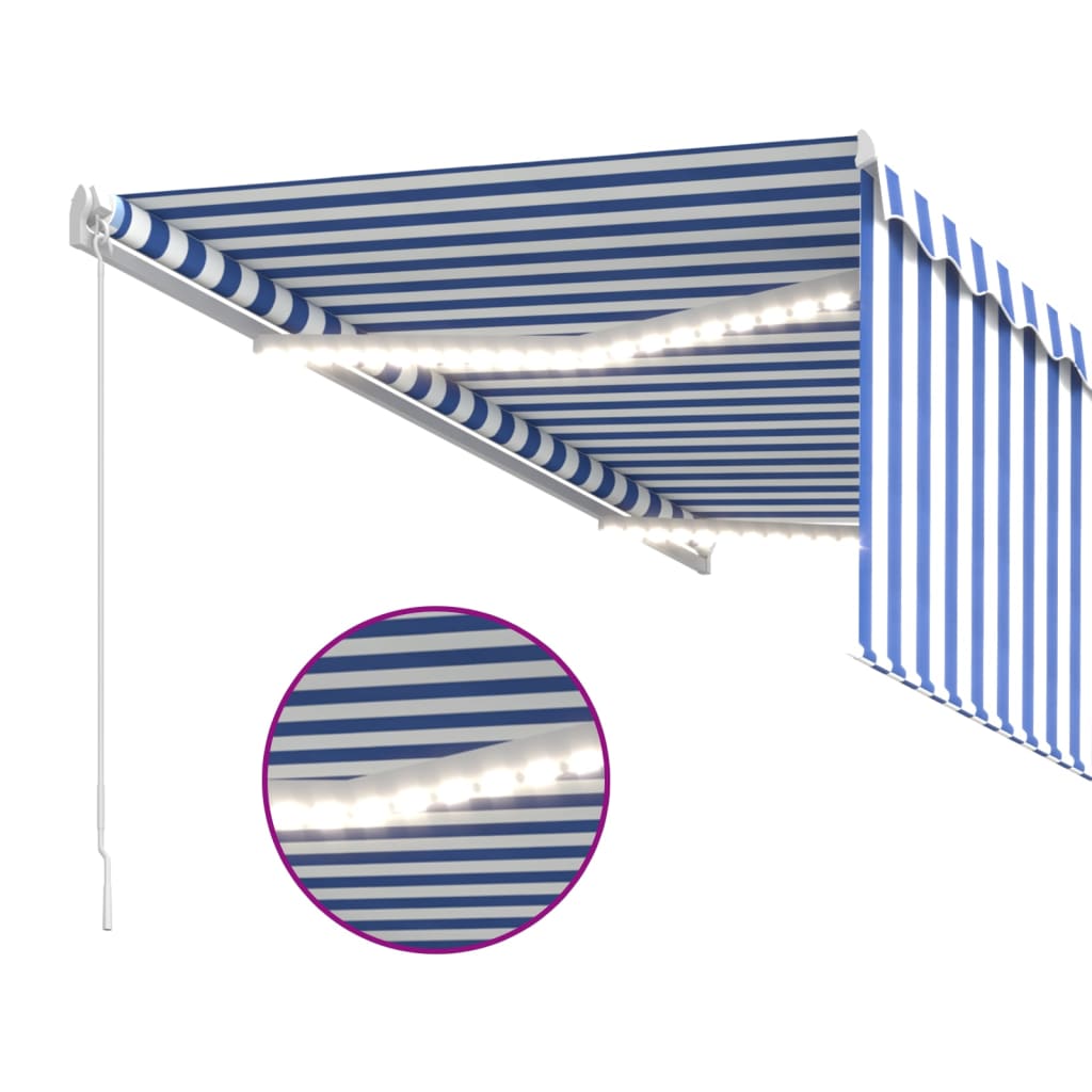 Markise Manuell Einziehbar mit Rollo LED 3,5x2,5m Blau Weiß