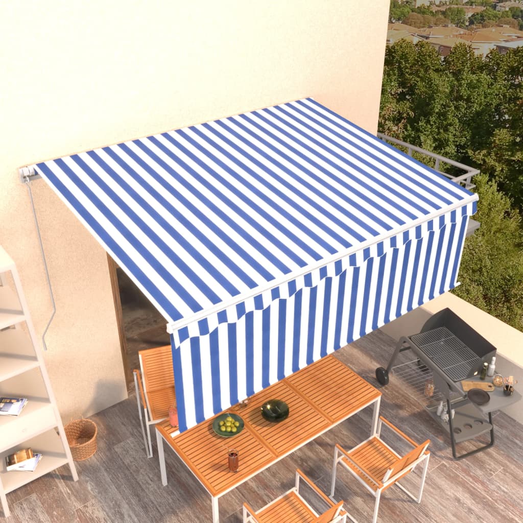 Markise Manuell Einziehbar mit Rollo 4,5x3 m Blau & Weiß