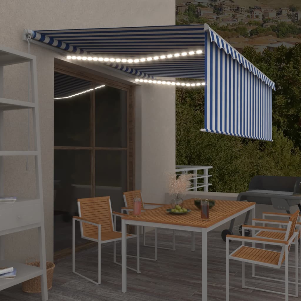 Markise Manuell Einziehbar mit Rollo & LED 4,5x3 m Blau & Weiß
