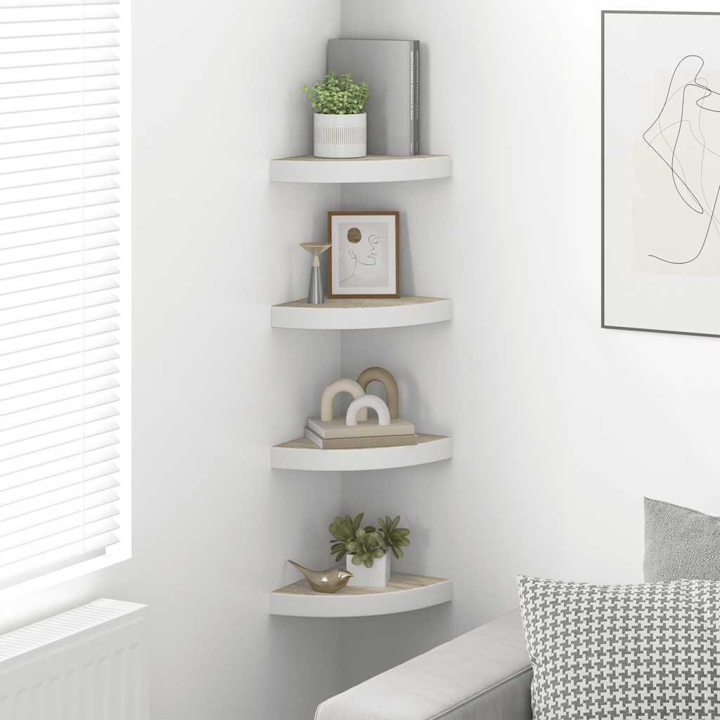 Eck-Schweberegale 4 Stk. Eichen-Optik und Weiß 25x25x3,8 cm MDF