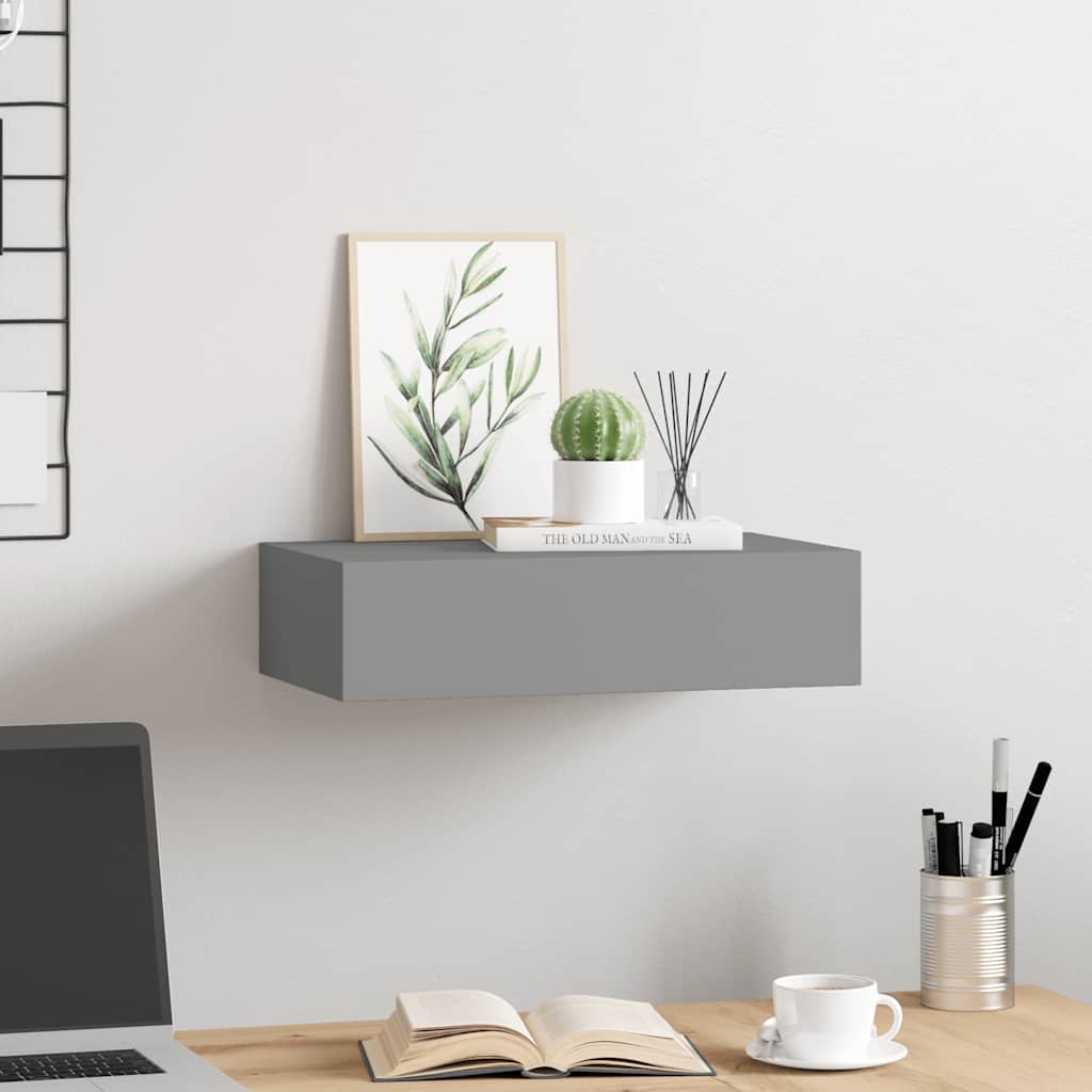 Wandregal mit Schublade Grau 40x23,5x10 cm MDF