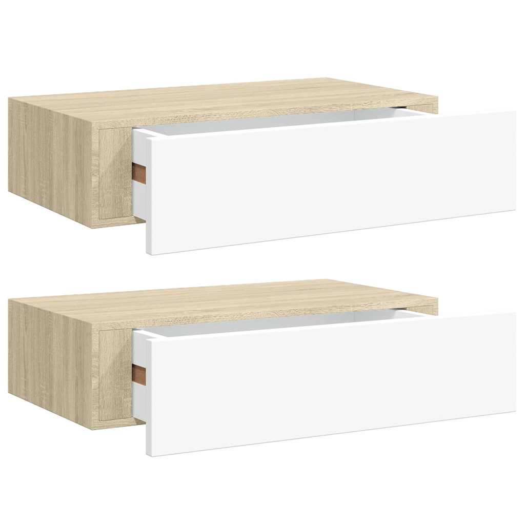 Wandregale mit Schubladen 2 Stk. Eichen-Optik Weiß 40x23,5x10cm