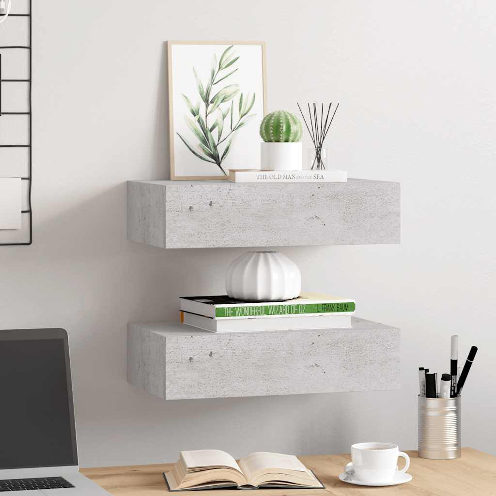Wandregale mit Schubladen 2 Stk. Betongrau 40x23,5x10 cm MDF