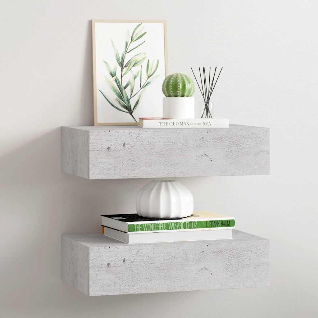 Wandregale mit Schubladen 2 Stk. Betongrau 40x23,5x10 cm MDF