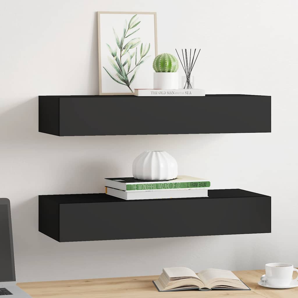 Wandregale mit Schubladen 2 Stk. Schwarz 60x23,5x10 cm MDF