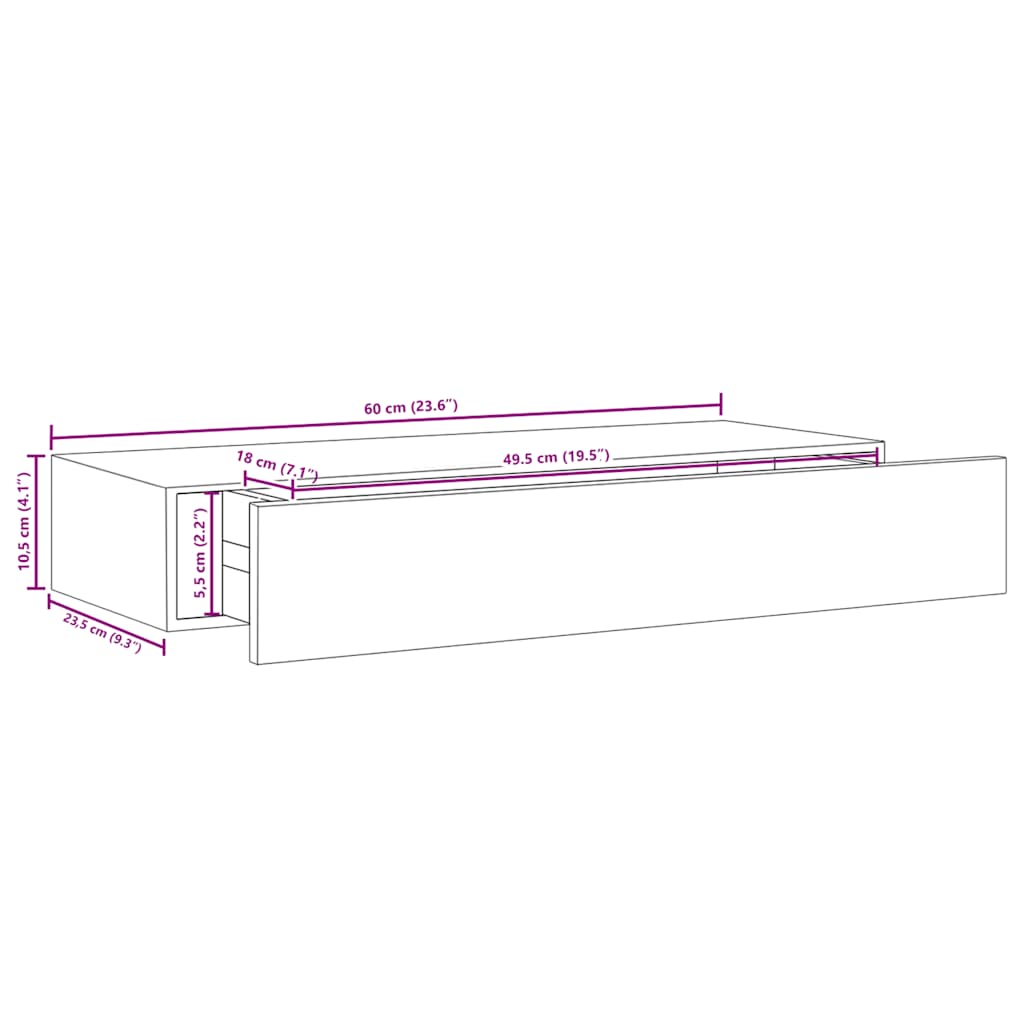 Wandregal mit Schublade Grau 60x23,5x10 cm MDF