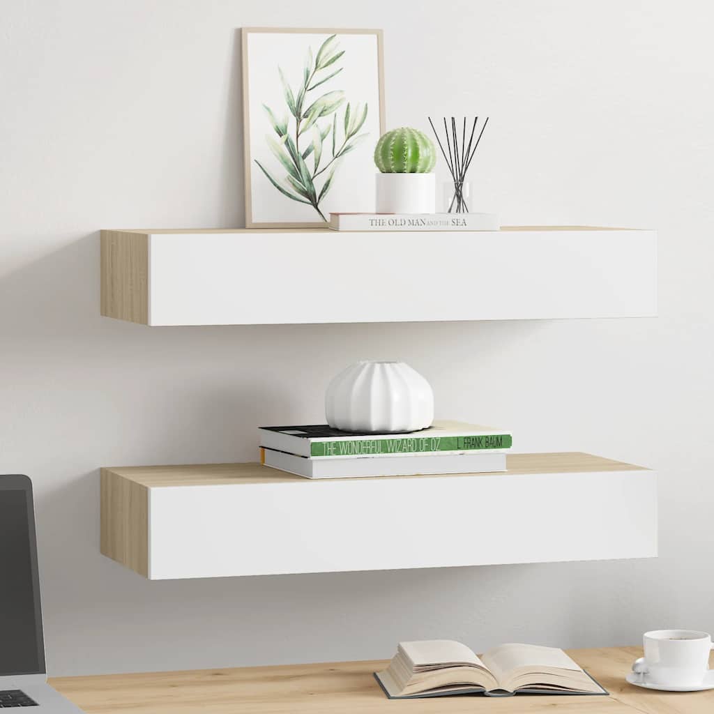 Wandschubladenregale 2 Stk. Eiche und Weiß 60x23,5x10cm MDF