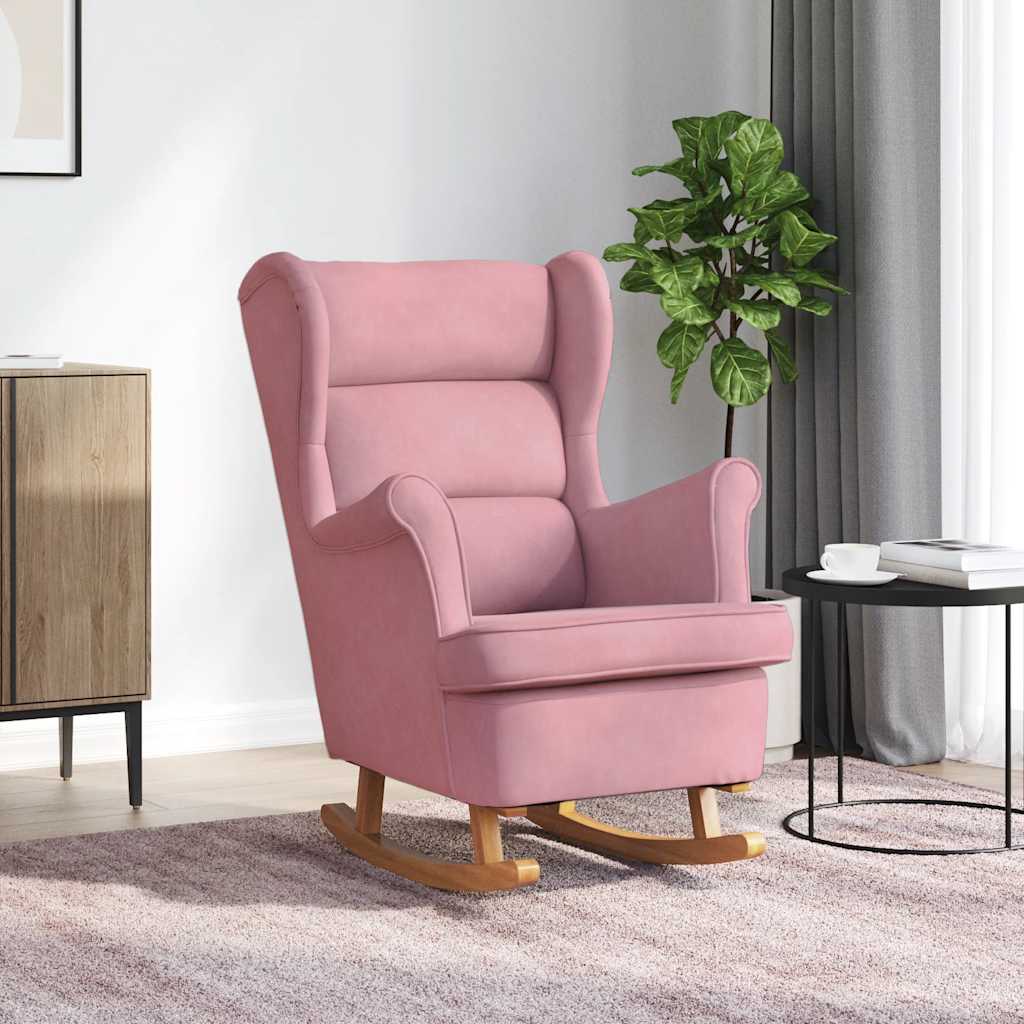 Schaukelstuhl Ohrensessel Rosa Samt und Massivholz