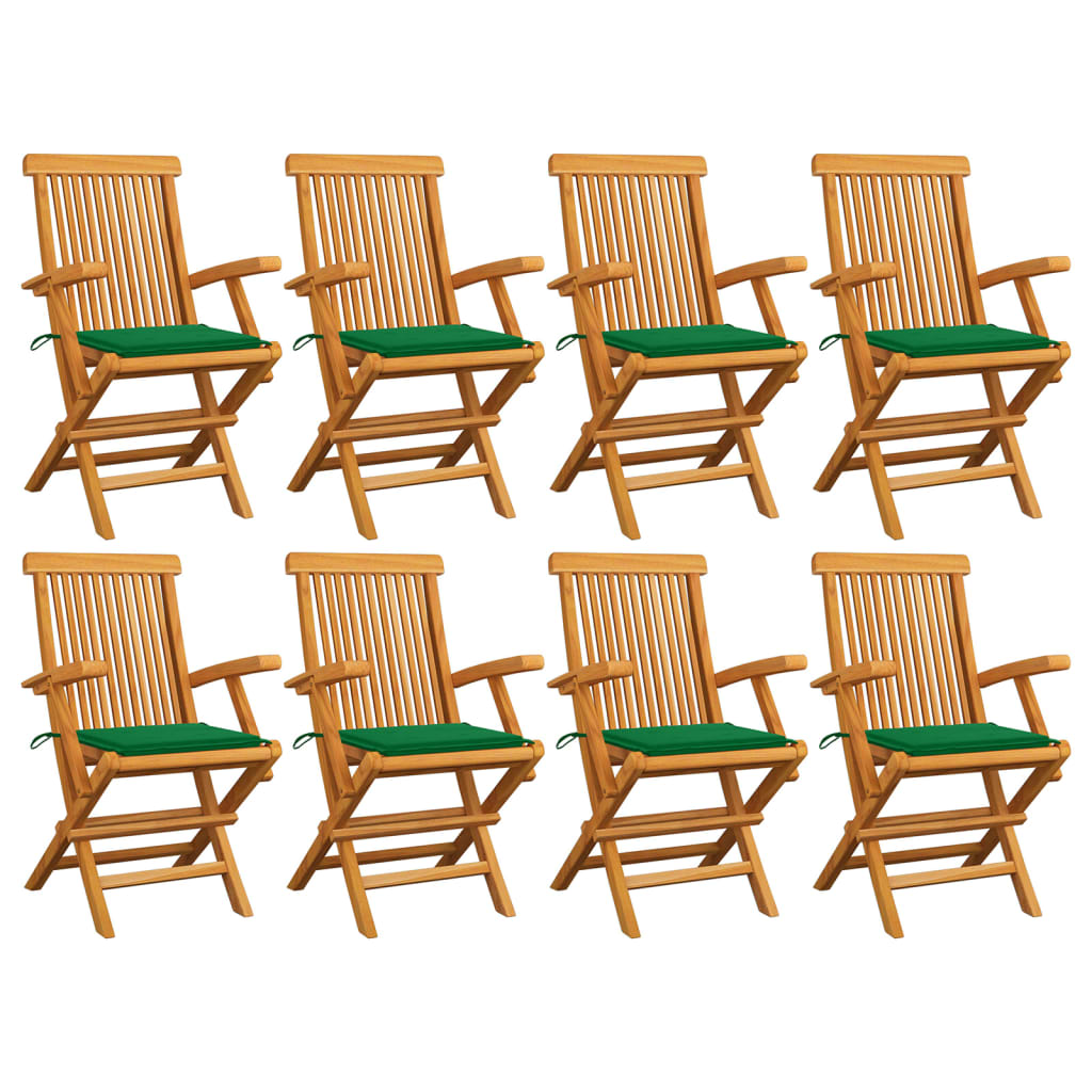 Gartenstühle mit Grünen Kissen 8 Stk. Massivholz Teak