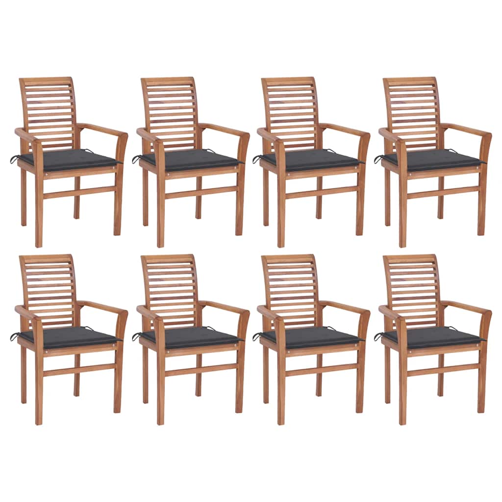 Essstühle 8 Stk. mit Anthrazit Kissen Massivholz Teak
